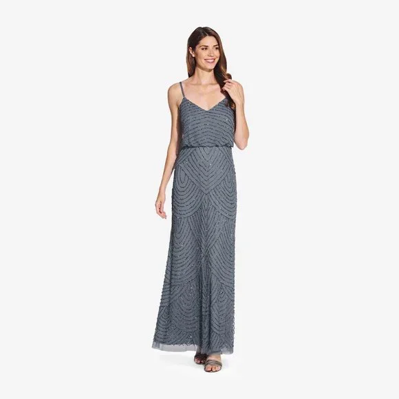 Adrianna Papell Art Deco Beaded Blouson Gown, Dusty Blue, Size: 18